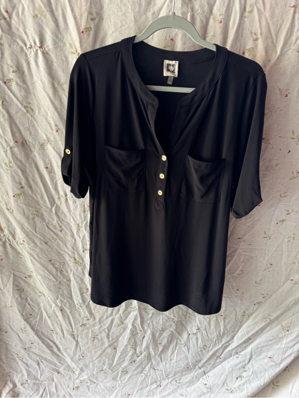 Anne Klein Black Short Sleeve Henley Blouse with Pocket Details